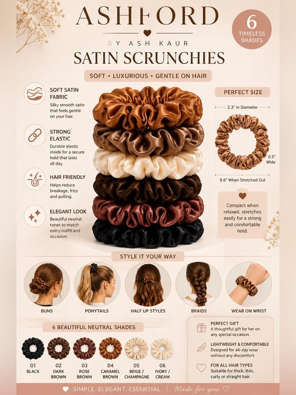 Ashford by Ash Kaur Satin Scrunchies Set of 6 | Neutral Colors | NWT